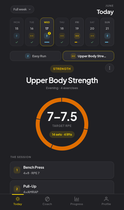 A strength session with a ring split into one arc per lift, and a tab row at the top switching between the day's run and lift.